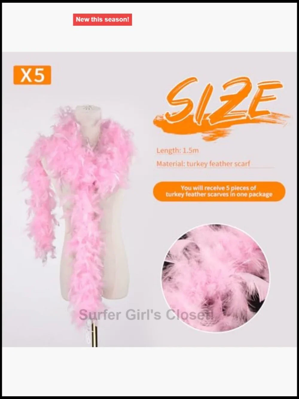 5 Turkey Feather Boas 150cm Halloween Party Costume Decoration, Multipack